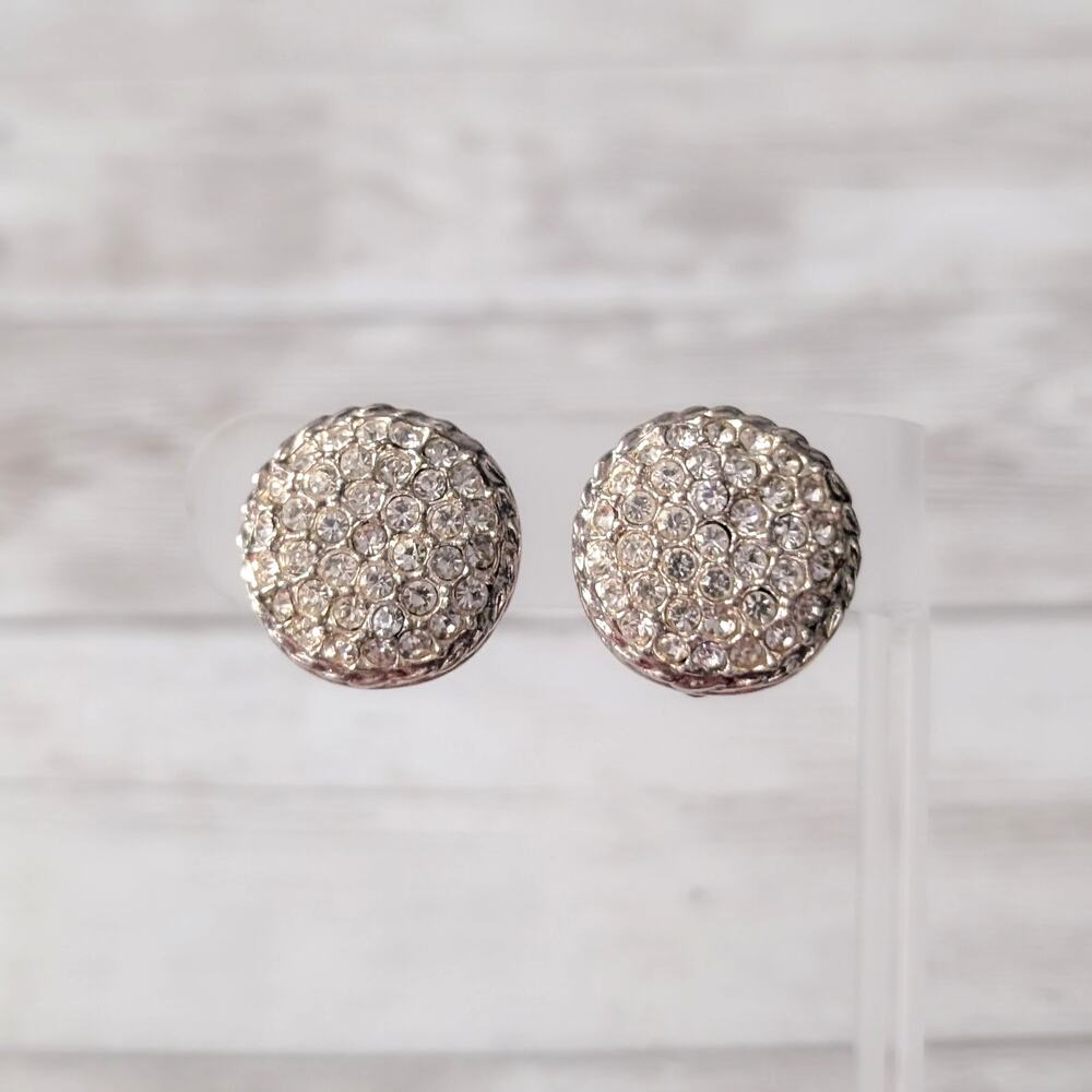Vintage Clip On Earrings Gold Tone & Clear Gem Chunky Circle